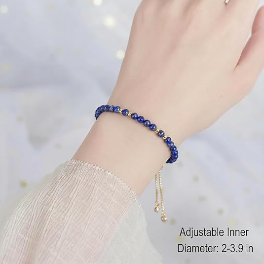Natural Lapis Lazuli Bracelet with 14K Gold Beads, Handmade Blue Gemstone Beads, Elegant Stone Beaded Gold Plated Bracelets for Women, Unisex Adjustable Jewelry Gifts