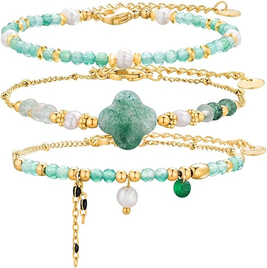 Beaded Bracelets Set for Women Stackable Healing Layered Bracelets Stack Jade/Aquamarine Gemstone Crystal Dainty Boho Summer Jewelry for Women Natural Stone 14k Gold Plated