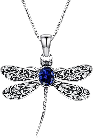 Vintage Dragonfly Necklace for Women 925 Sterling Silver, Oval Birthstone Dragonfly Pendant Boho Jewelry Birthday Gift for Her, Mom, Grandma