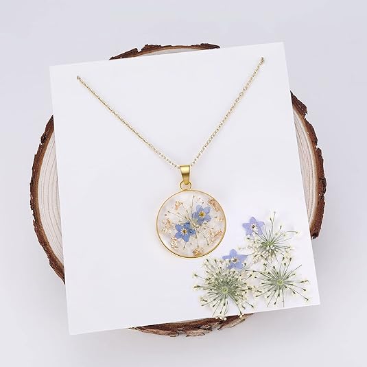 Forget-Me-Not and Queen Anne's Lace Pressed Wildflower Necklace | Birth Month Real Flower Necklace | Gold/Silver Pressed Flower Jewelry | Personalized Handmade Jewelry