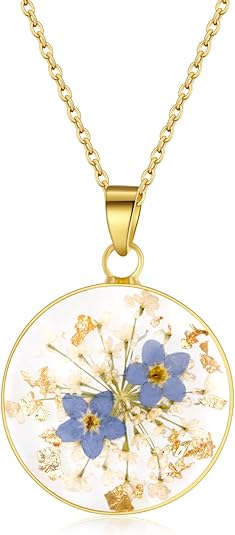Forget-Me-Not and Queen Anne's Lace Pressed Wildflower Necklace | Birth Month Real Flower Necklace | Gold/Silver Pressed Flower Jewelry | Personalized Handmade Jewelry