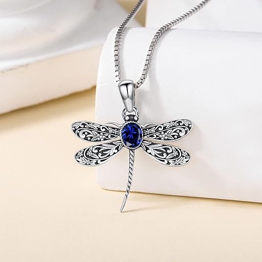 Vintage Dragonfly Necklace for Women 925 Sterling Silver, Oval Birthstone Dragonfly Pendant Boho Jewelry Birthday Gift for Her, Mom, Grandma