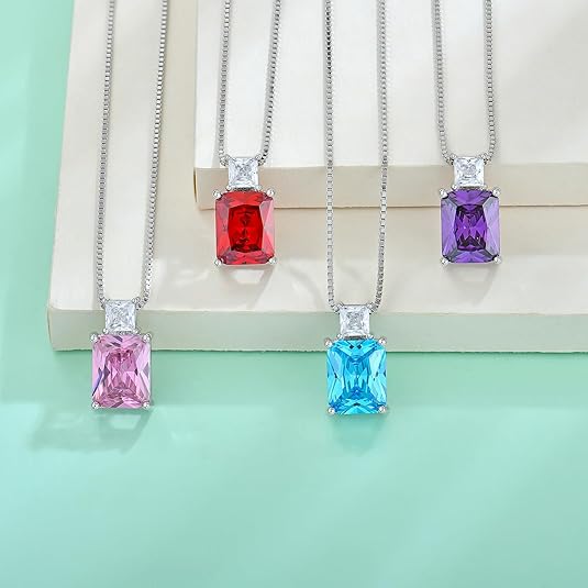 STARCHENIE Princess/Emerald Cut Birthstone Pendant Necklace for Women 925 Sterling Silver Birthday Anniversary Jewelry Gifts