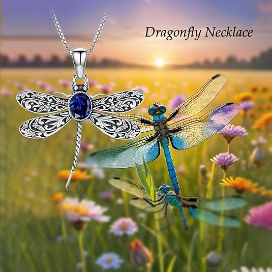 Vintage Dragonfly Necklace for Women 925 Sterling Silver, Oval Birthstone Dragonfly Pendant Boho Jewelry Birthday Gift for Her, Mom, Grandma