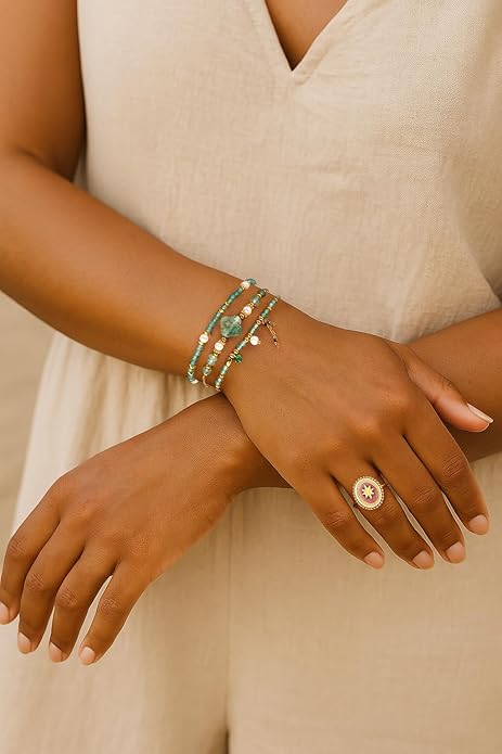 Beaded Bracelets Set for Women Stackable Healing Layered Bracelets Stack Jade/Aquamarine Gemstone Crystal Dainty Boho Summer Jewelry for Women Natural Stone 14k Gold Plated