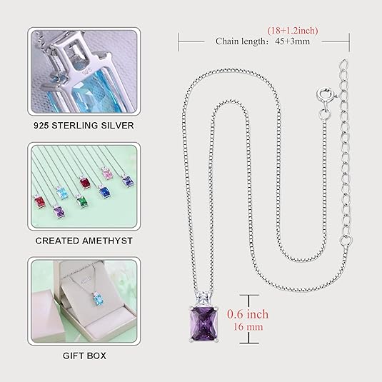 STARCHENIE Princess/Emerald Cut Birthstone Pendant Necklace for Women 925 Sterling Silver Birthday Anniversary Jewelry Gifts