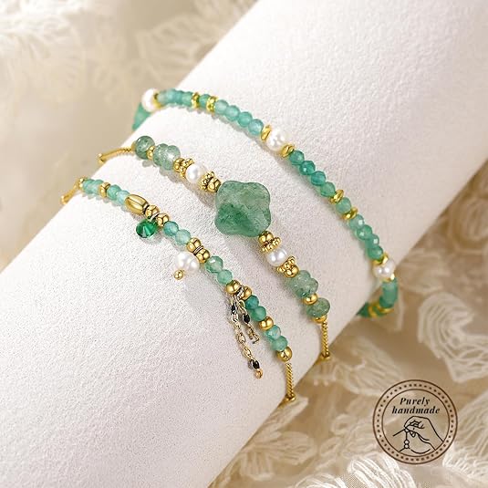 Beaded Bracelets Set for Women Stackable Healing Layered Bracelets Stack Jade/Aquamarine Gemstone Crystal Dainty Boho Summer Jewelry for Women Natural Stone 14k Gold Plated