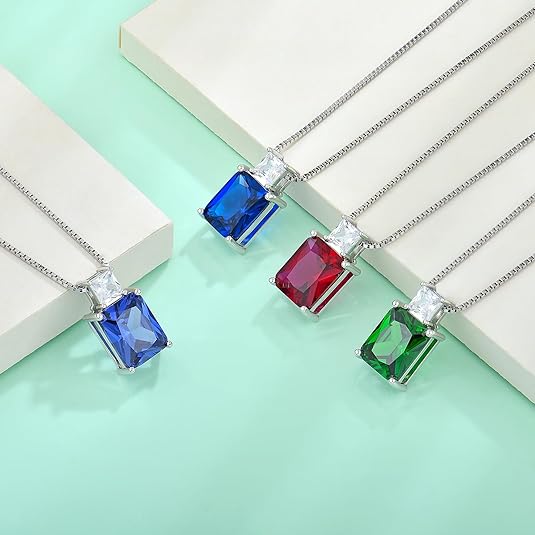 STARCHENIE Princess/Emerald Cut Birthstone Pendant Necklace for Women 925 Sterling Silver Birthday Anniversary Jewelry Gifts
