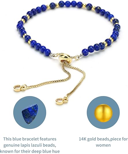 Natural Lapis Lazuli Bracelet with 14K Gold Beads, Handmade Blue Gemstone Beads, Elegant Stone Beaded Gold Plated Bracelets for Women, Unisex Adjustable Jewelry Gifts