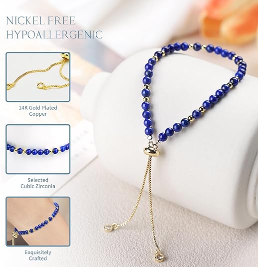 Natural Lapis Lazuli Bracelet with 14K Gold Beads, Handmade Blue Gemstone Beads, Elegant Stone Beaded Gold Plated Bracelets for Women, Unisex Adjustable Jewelry Gifts