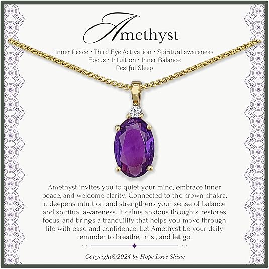 HOPE LOVE SHINE Amethyst Necklace Gift for Women - February Birthstone Jewelry - 18K Gold Plated Spiritual Pendant - Elegant Women's Jewelry Gift for Birthday, Anniversary & More (18+2-inch)
