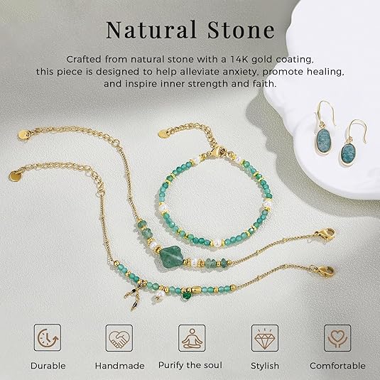 Beaded Bracelets Set for Women Stackable Healing Layered Bracelets Stack Jade/Aquamarine Gemstone Crystal Dainty Boho Summer Jewelry for Women Natural Stone 14k Gold Plated