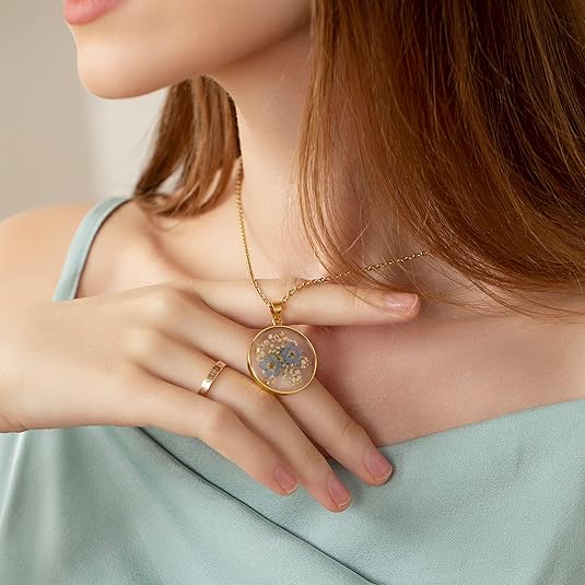 Forget-Me-Not and Queen Anne's Lace Pressed Wildflower Necklace | Birth Month Real Flower Necklace | Gold/Silver Pressed Flower Jewelry | Personalized Handmade Jewelry