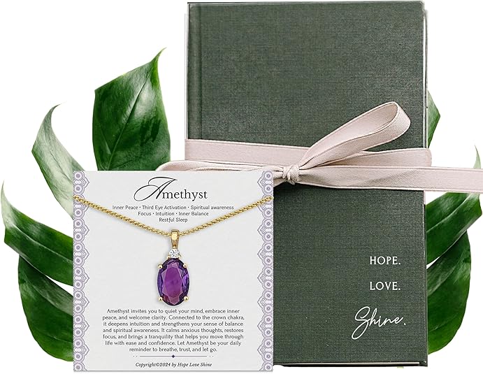 HOPE LOVE SHINE Amethyst Necklace Gift for Women - February Birthstone Jewelry - 18K Gold Plated Spiritual Pendant - Elegant Women's Jewelry Gift for Birthday, Anniversary & More (18+2-inch)