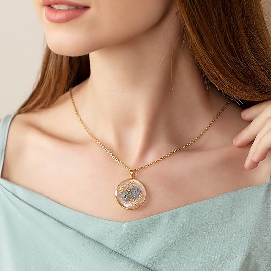 Forget-Me-Not and Queen Anne's Lace Pressed Wildflower Necklace | Birth Month Real Flower Necklace | Gold/Silver Pressed Flower Jewelry | Personalized Handmade Jewelry