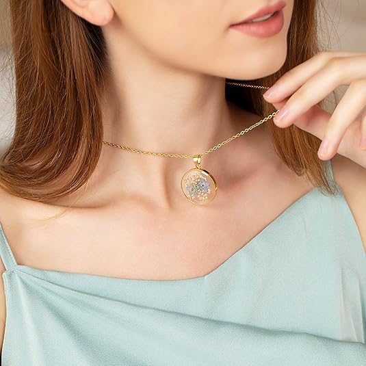 Forget-Me-Not and Queen Anne's Lace Pressed Wildflower Necklace | Birth Month Real Flower Necklace | Gold/Silver Pressed Flower Jewelry | Personalized Handmade Jewelry